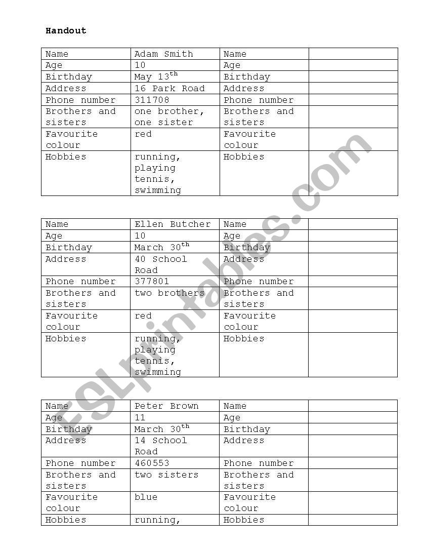 Handout  for asking personal information