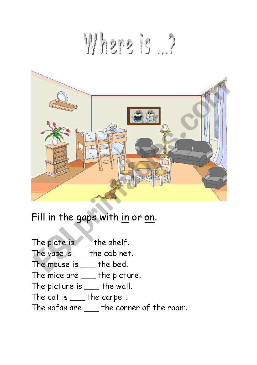 Preposition in and on worksheet