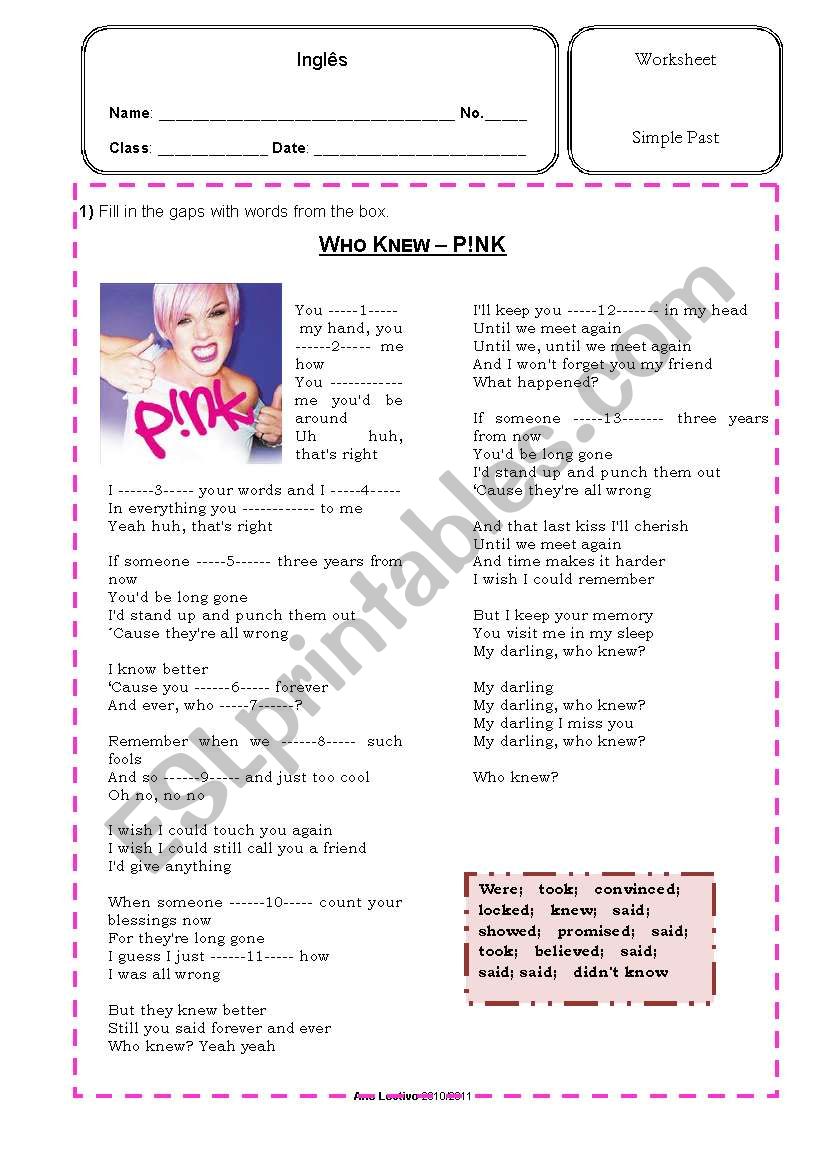 Pink - Who Knew - fill in the gaps
