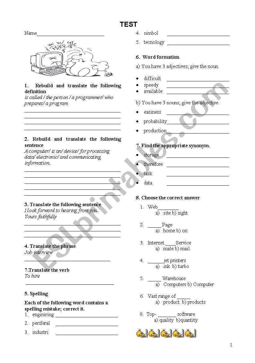 Technical English Test worksheet