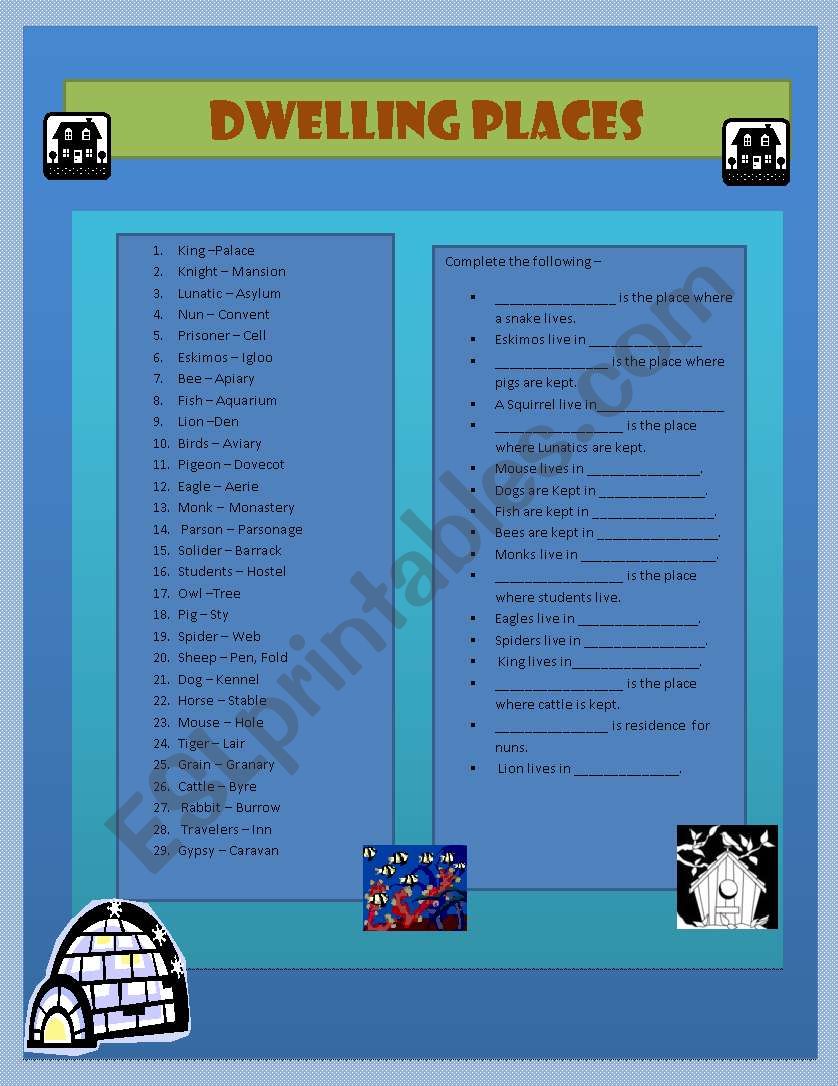 Dwelling Places worksheet