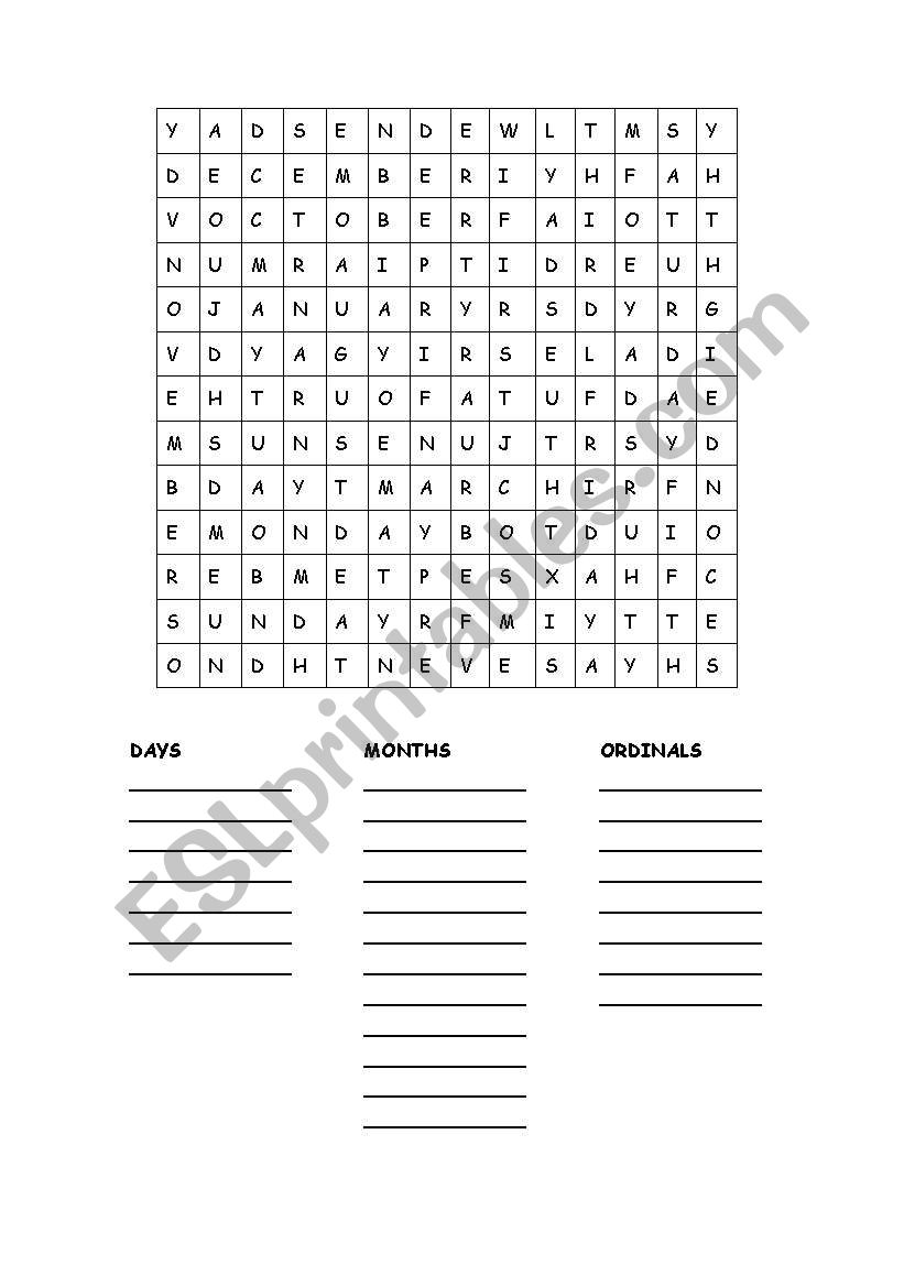 months and ordinal numbers worksheet