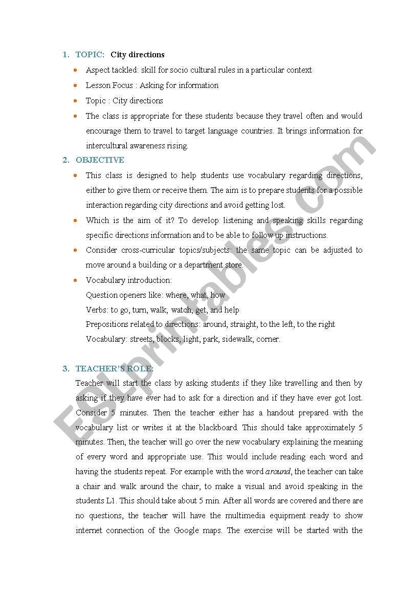 City Directions worksheet