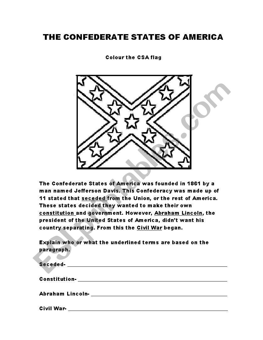 Confederate States of America Reading Worksheet 
