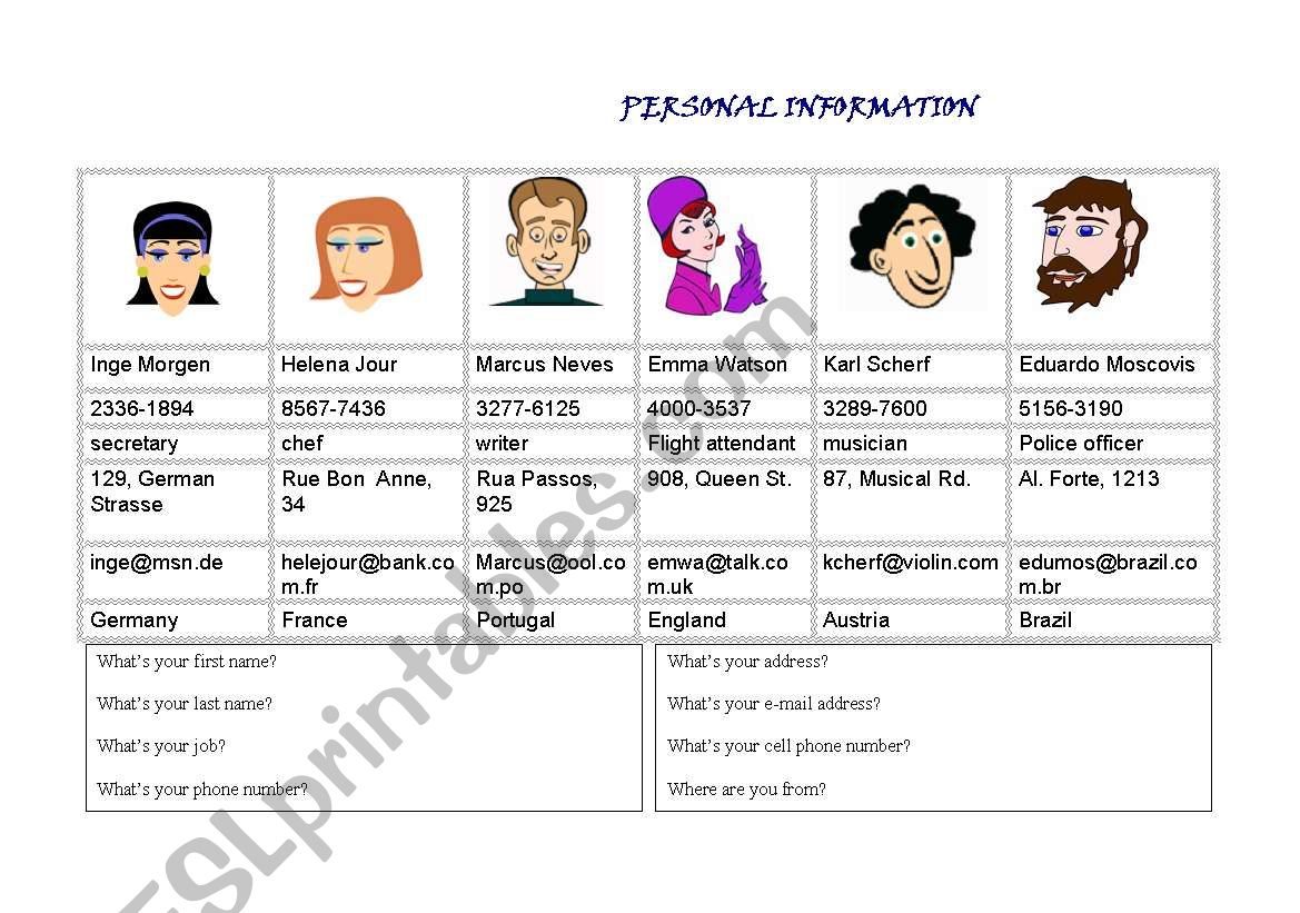 Personal Information worksheet