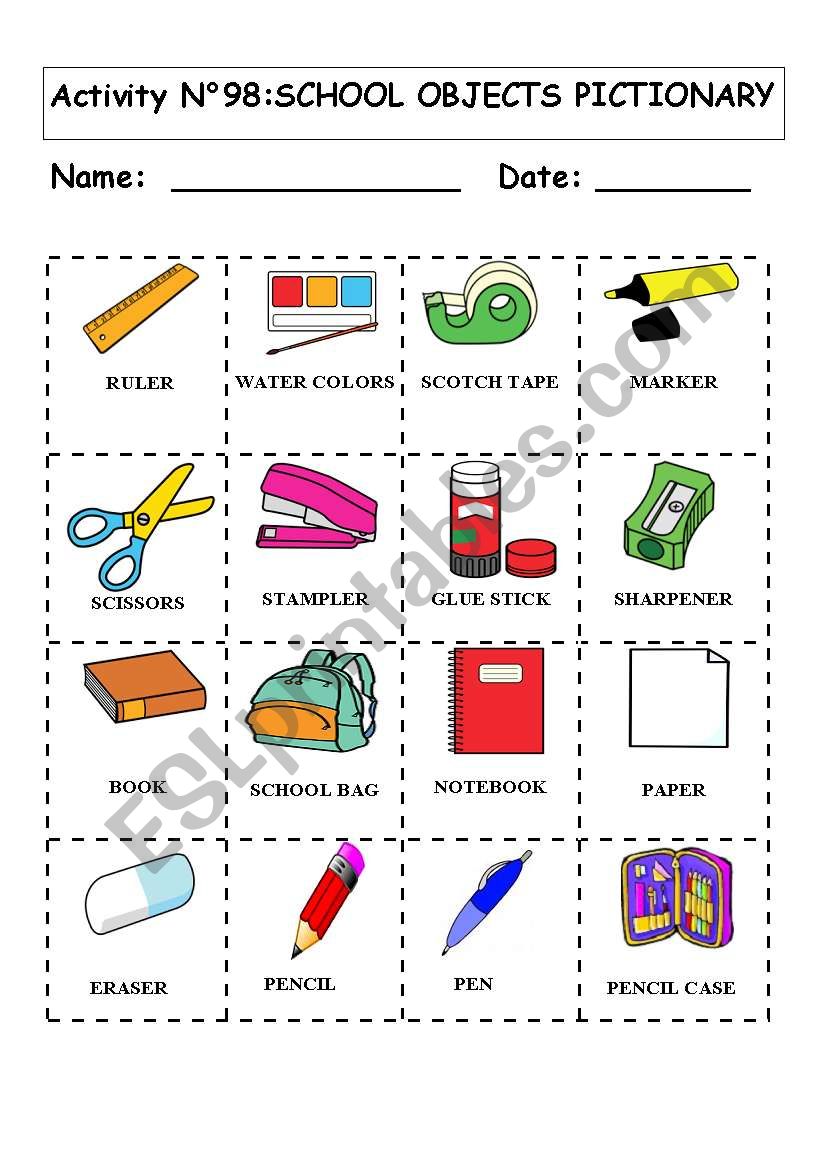 SCHOOL OBJECTS PICTIONARY worksheet