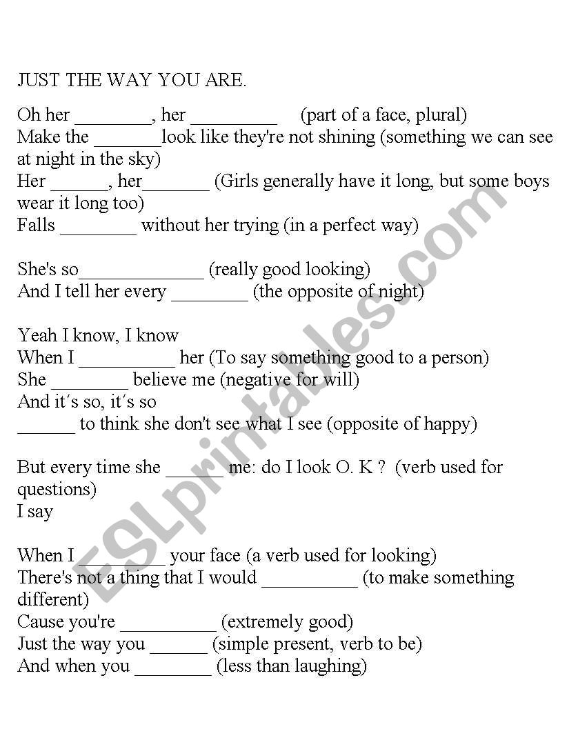 Song: Just the way you are worksheet