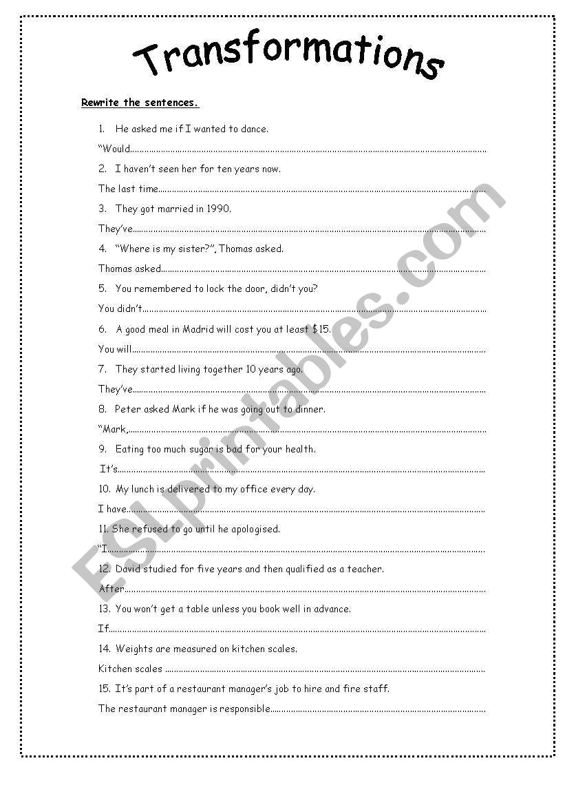 transformations worksheet