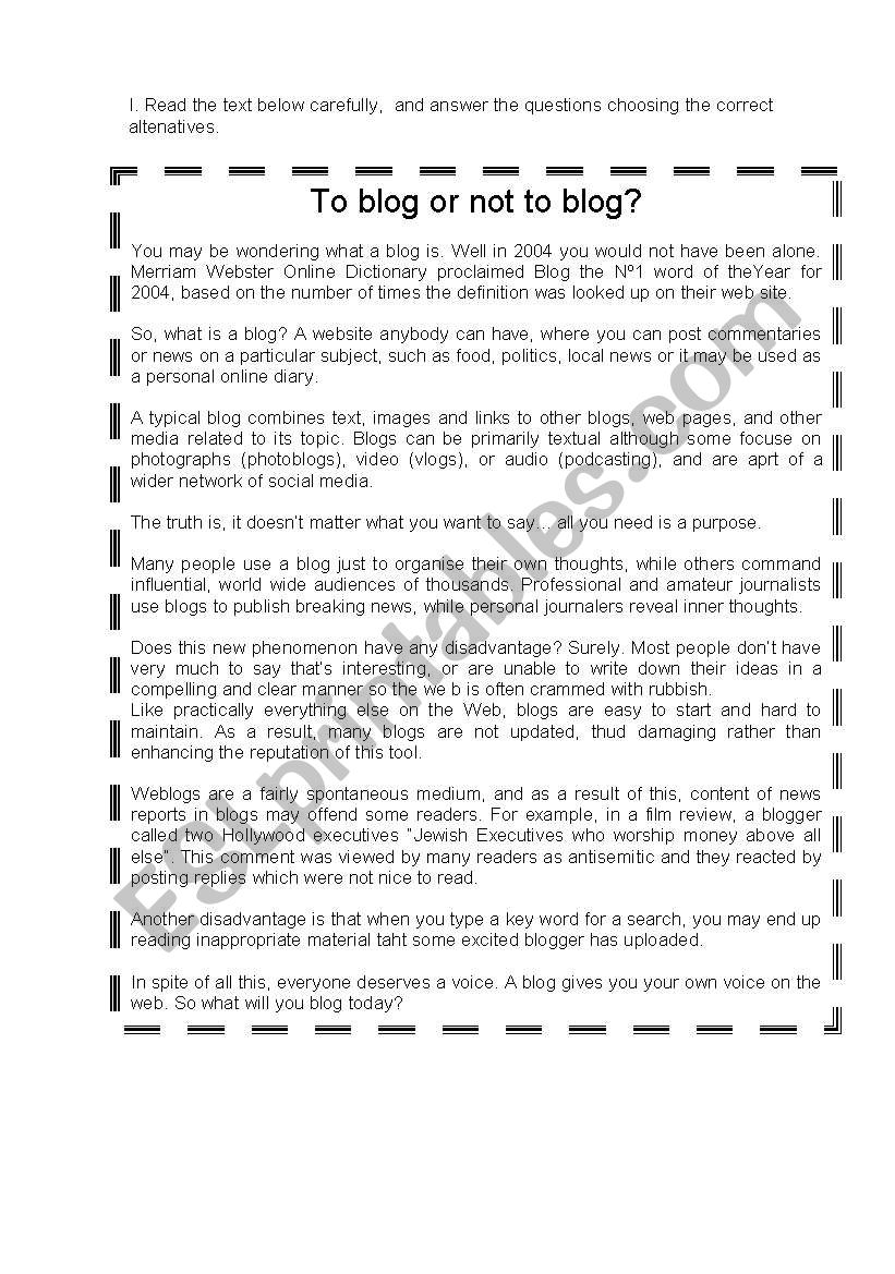 To blog or not to blog? worksheet