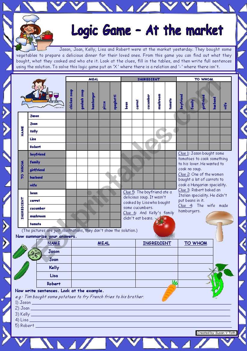 Logic game (22nd) - At the market *** with key *** for intermediate ss *** fully editable *** created with WORD 2003