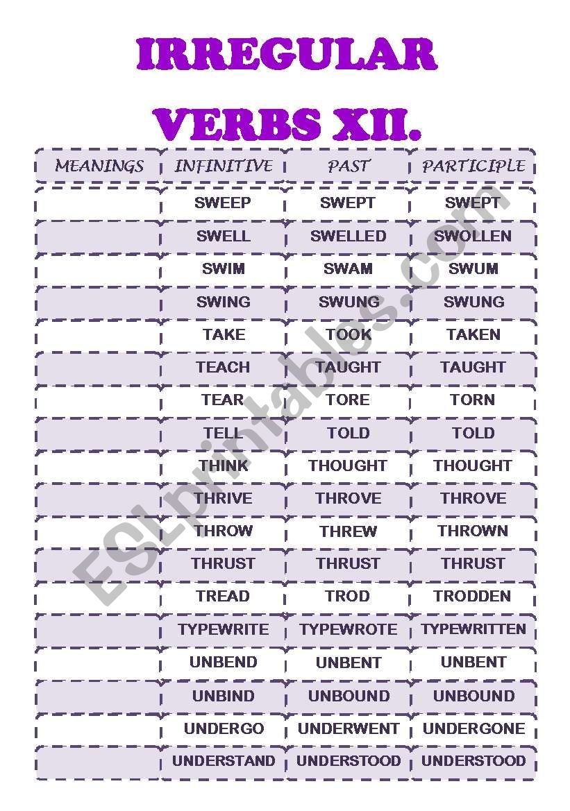 IRREGULAR VERBS XII (S-U) worksheet