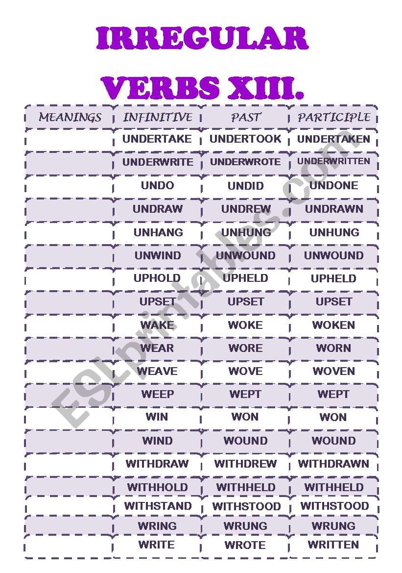 IRREGULAR VERBS XIII (U-W) worksheet