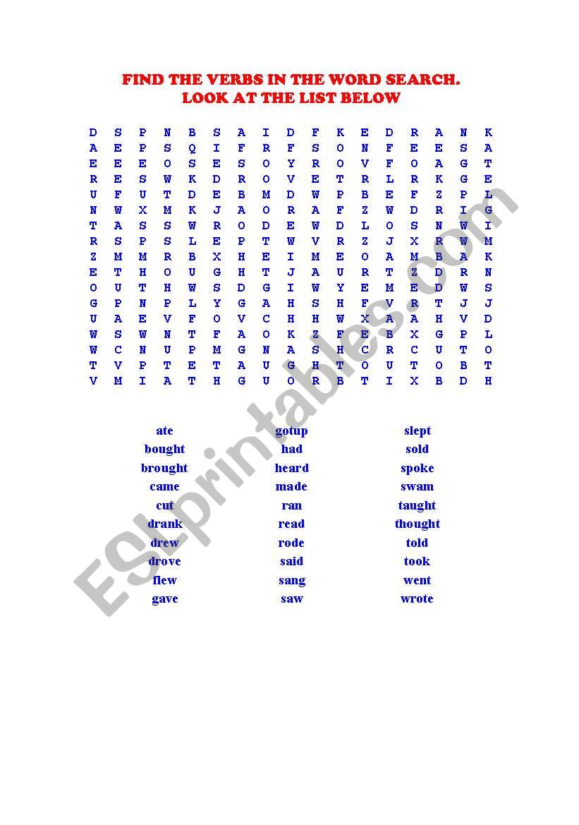 Verbs in past crossword puzzle and word search
