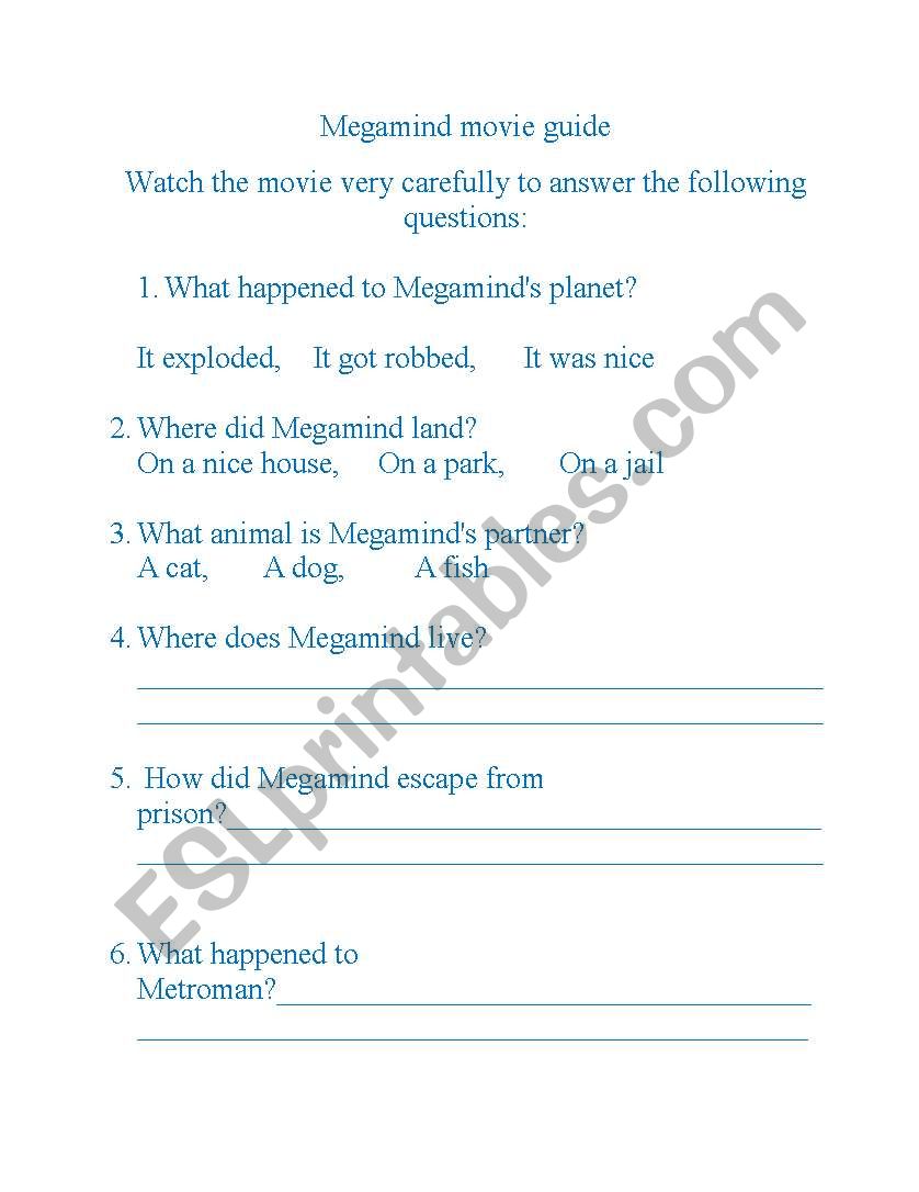Megamind Movie guide worksheet