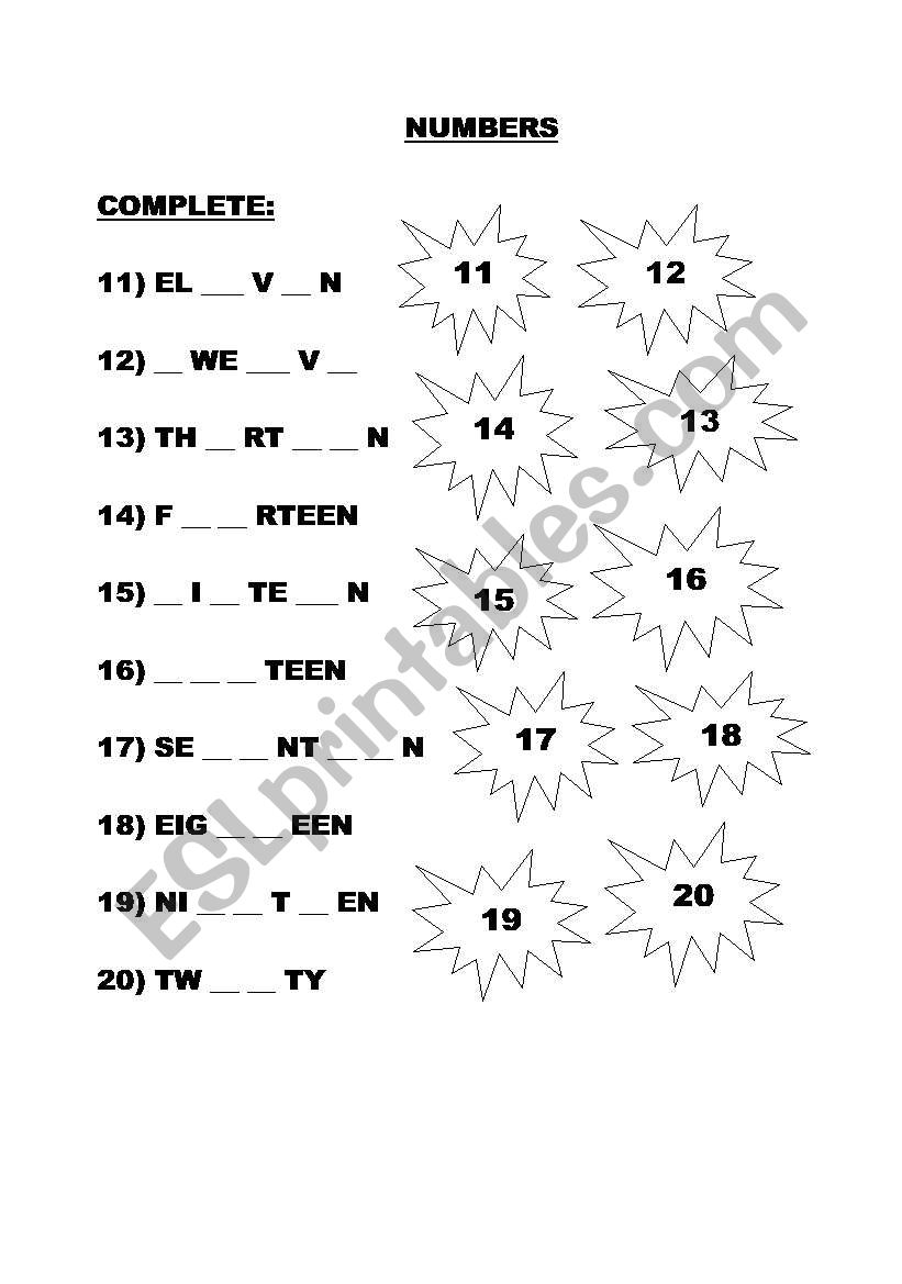 numbers from 11 to 20 worksheet