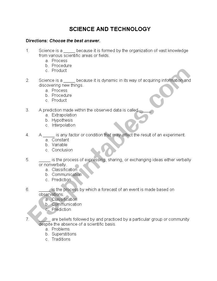 SCIENCE AND TECHNOLOGY worksheet