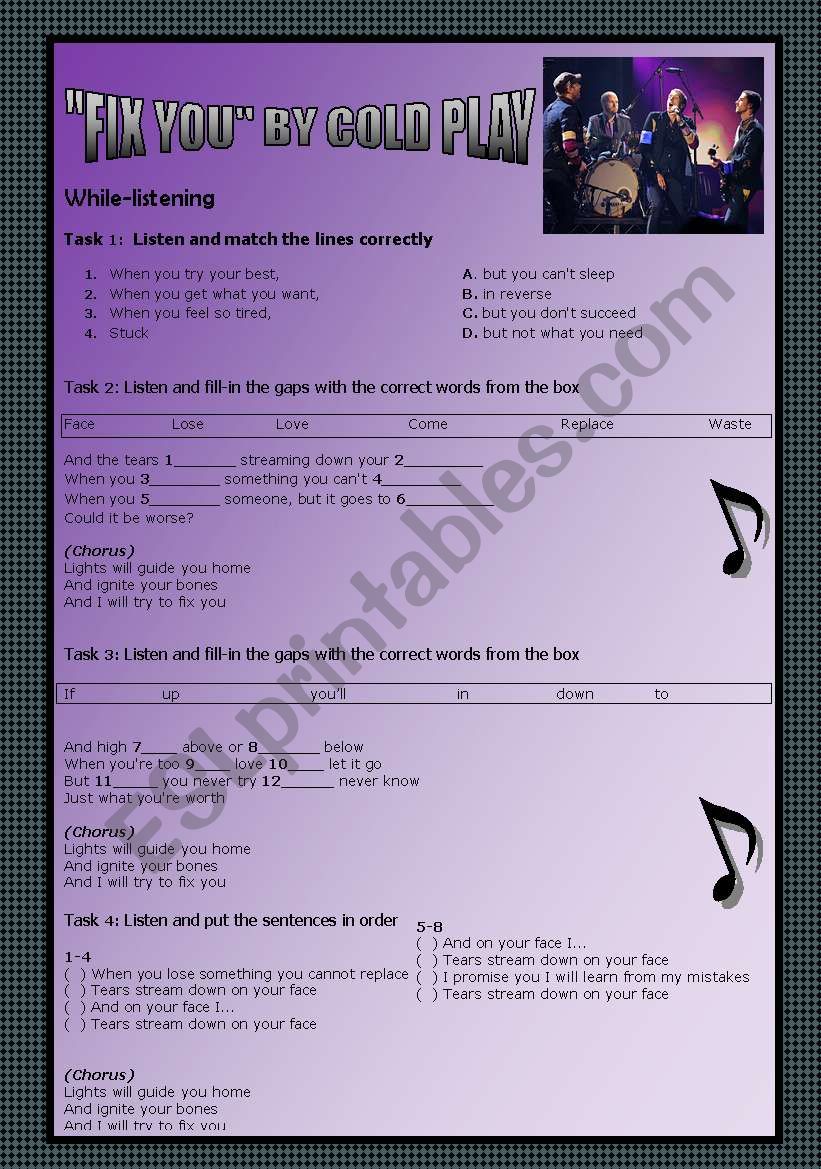 Song: FIX YOU BY COLDPLAY. FOCUS ON LISTENING AND SPEAKING. GRAMMAR POINT: PRESENT SIMPLE