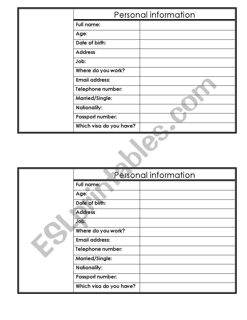 personal infomation  worksheet