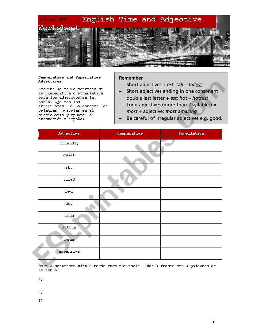 English Time and Adjective Worksheet