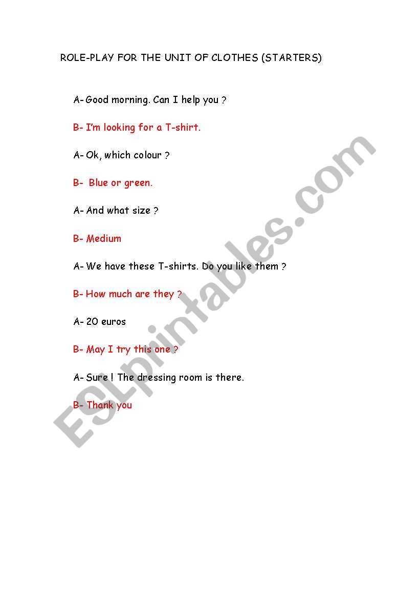 UNIT: CLOTHES   ROLE-PLAY worksheet