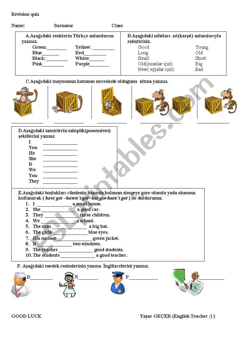 A quiz whic contains  some exercises about colors adjectives prepositons personal pronouns possessives