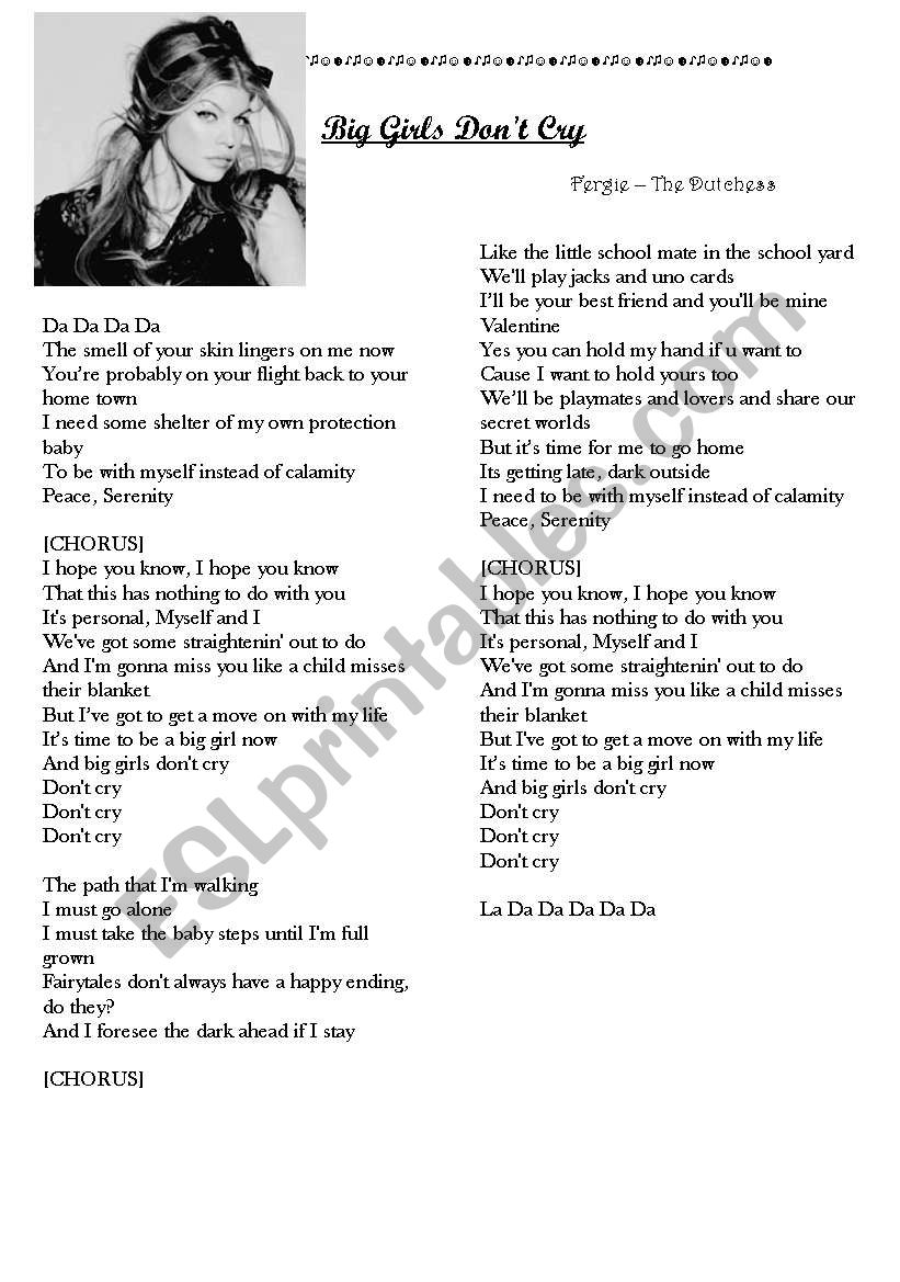 Song Big Girls Don T Cry By Fergie Esl Worksheet By Magaeslprintables