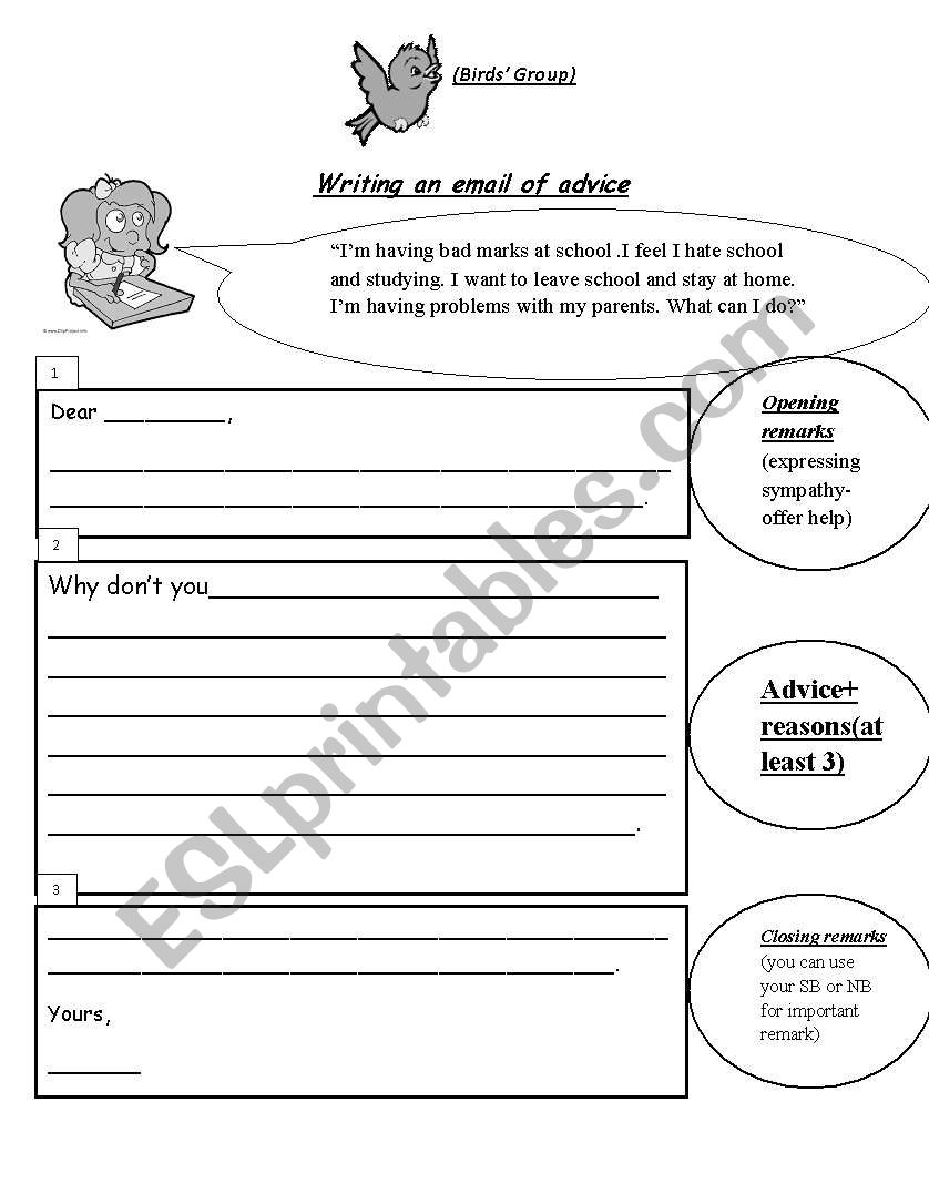 writing an email of advice worksheet