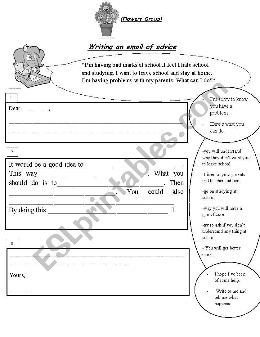 writing an email of advice  worksheet