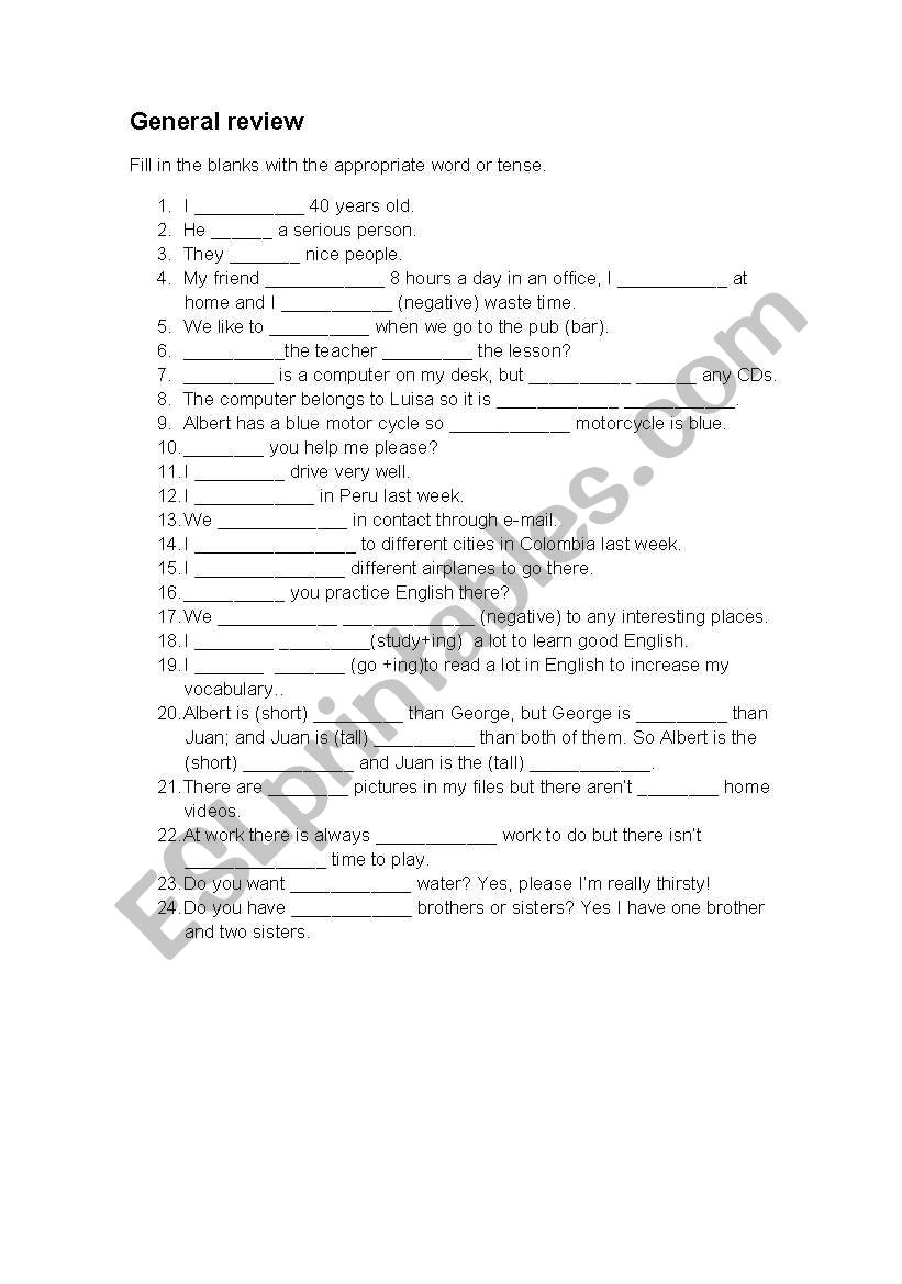 Genral Review worksheet