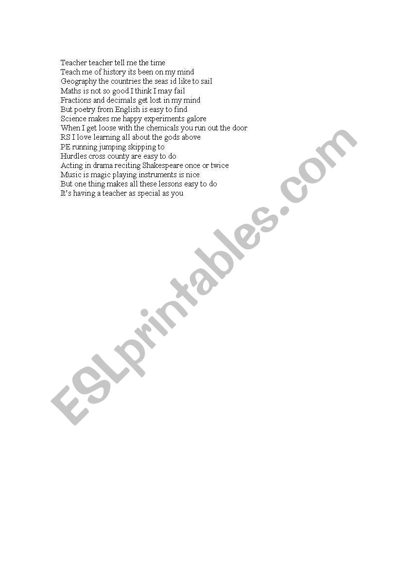 Teacher Teacher  Poem worksheet