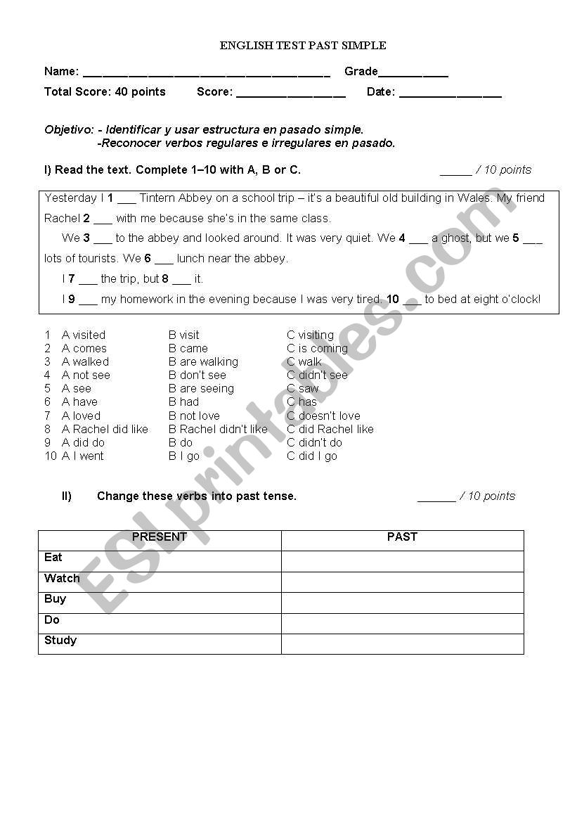 Past simple test worksheet