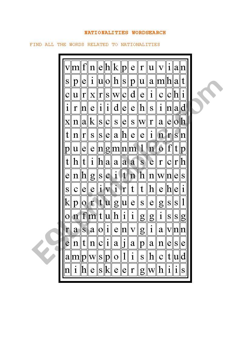 nationalities wordsearch worksheet