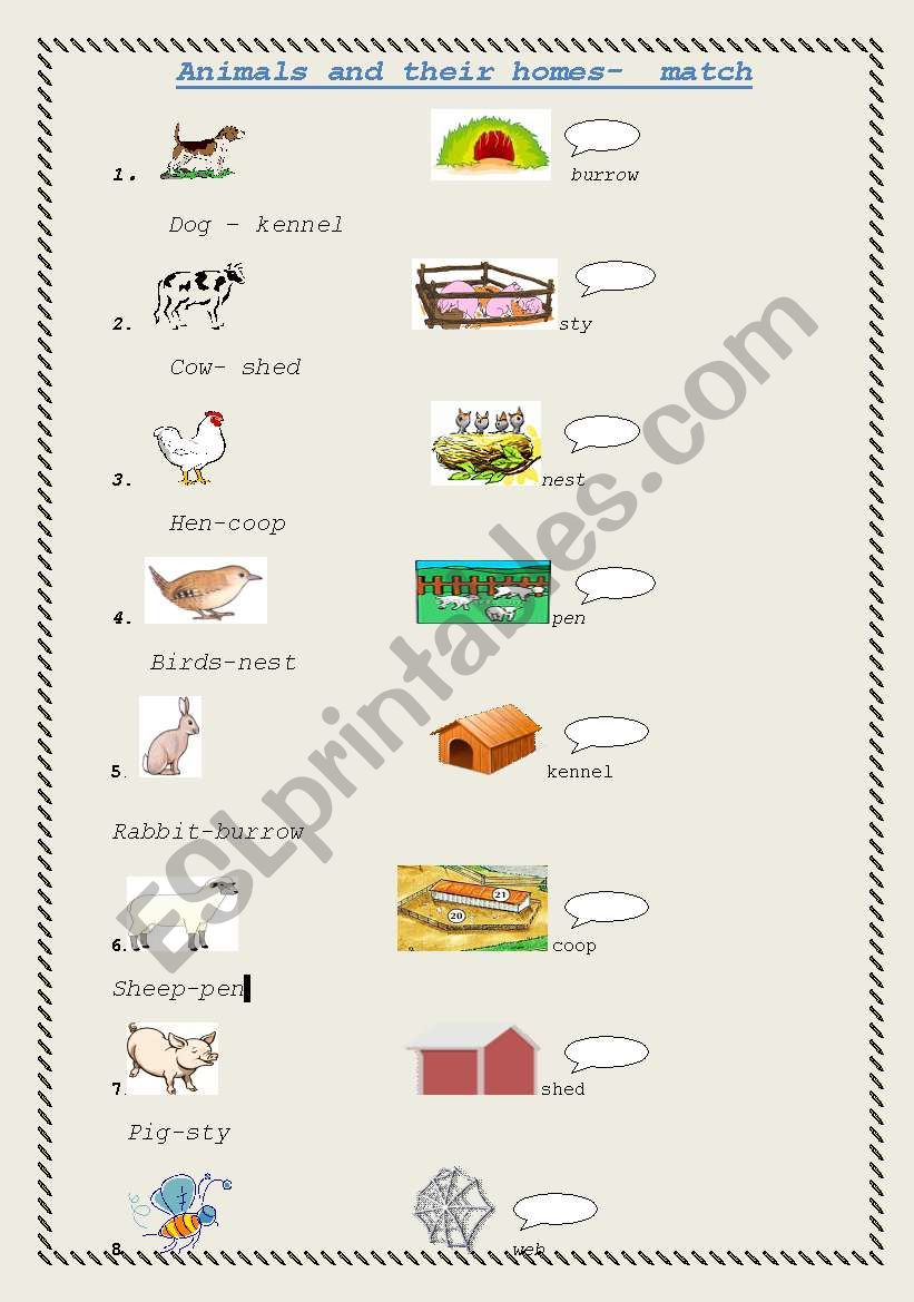 match the animal to their homes - ESL worksheet by jeevaa