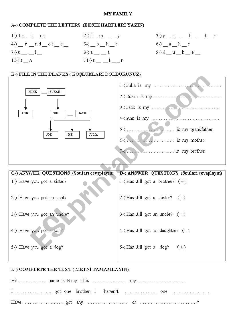 Worksheet for Family Member worksheet