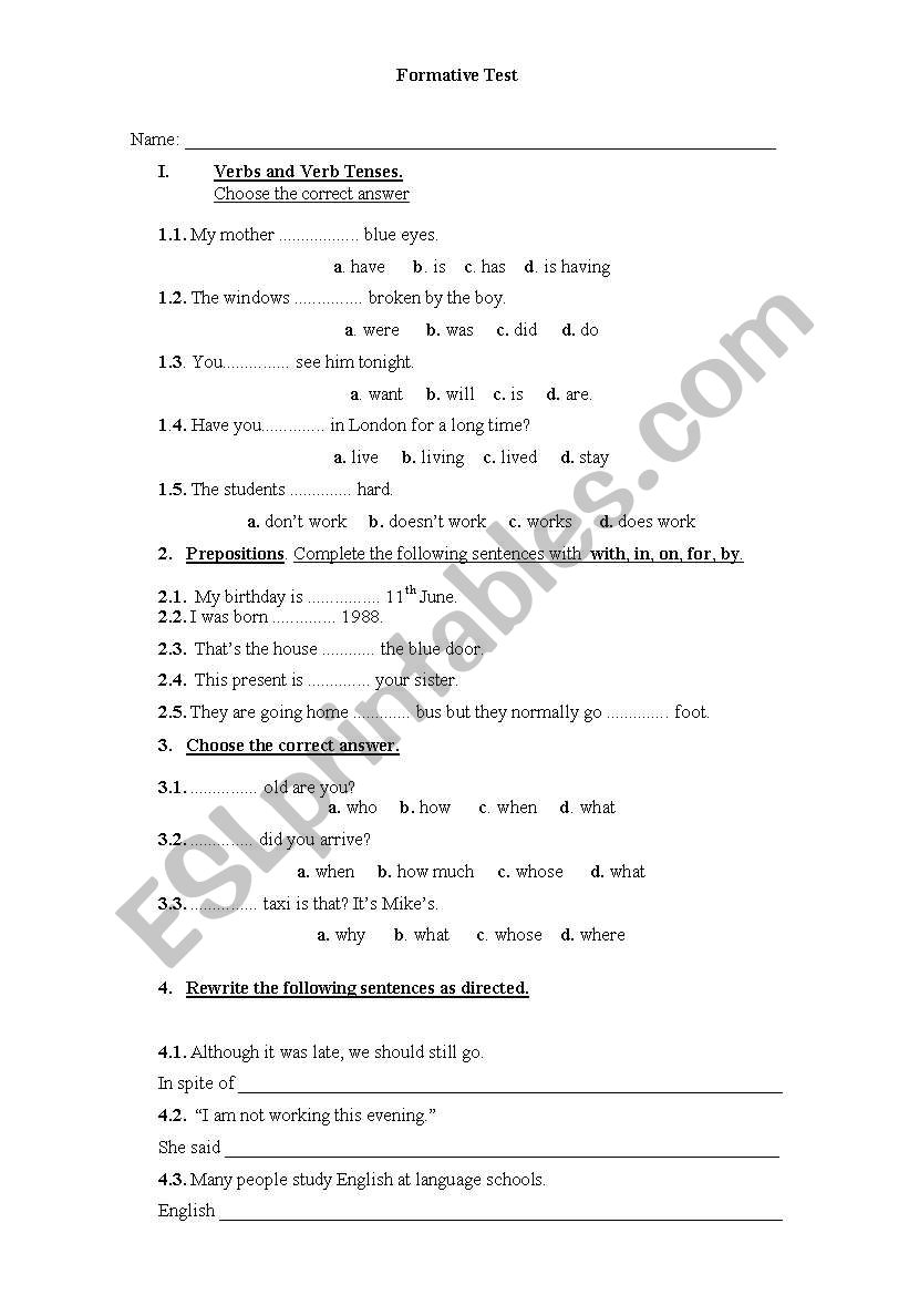 Formative test worksheet