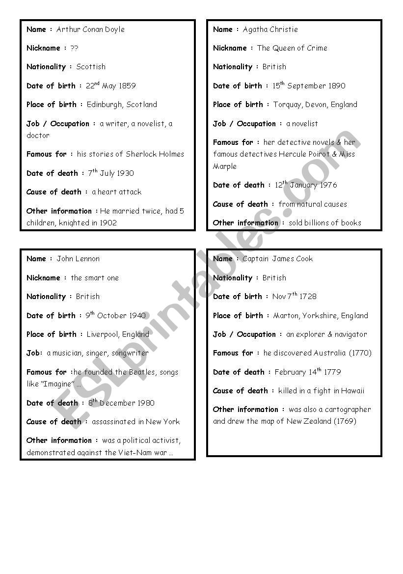 Famous dead peoples ID cards worksheet