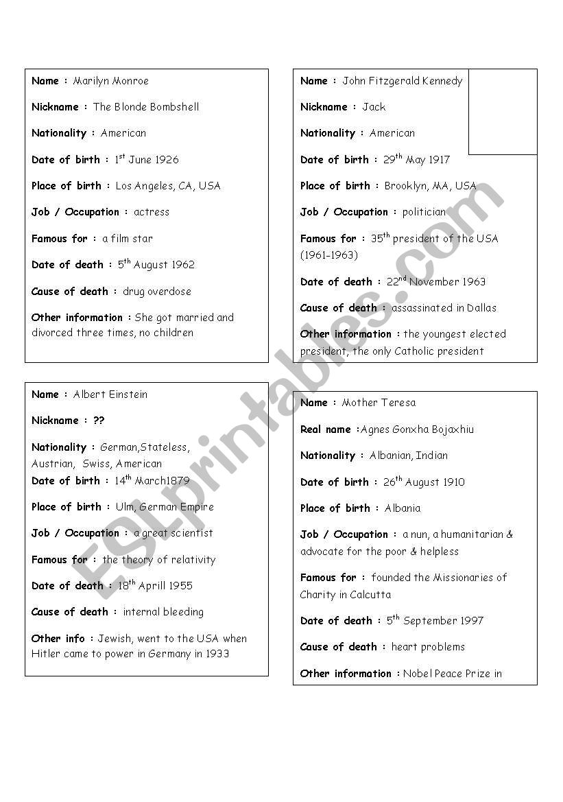 Famous dead peoples ID worksheet