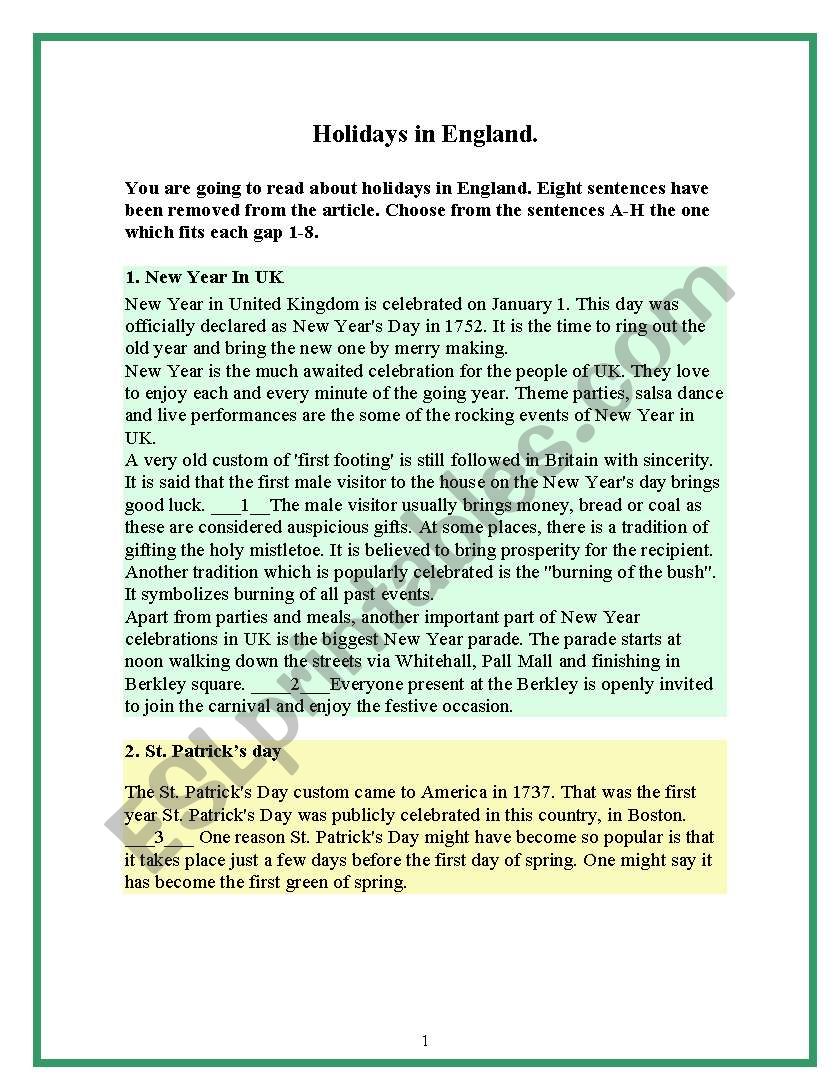Holidays in England worksheet