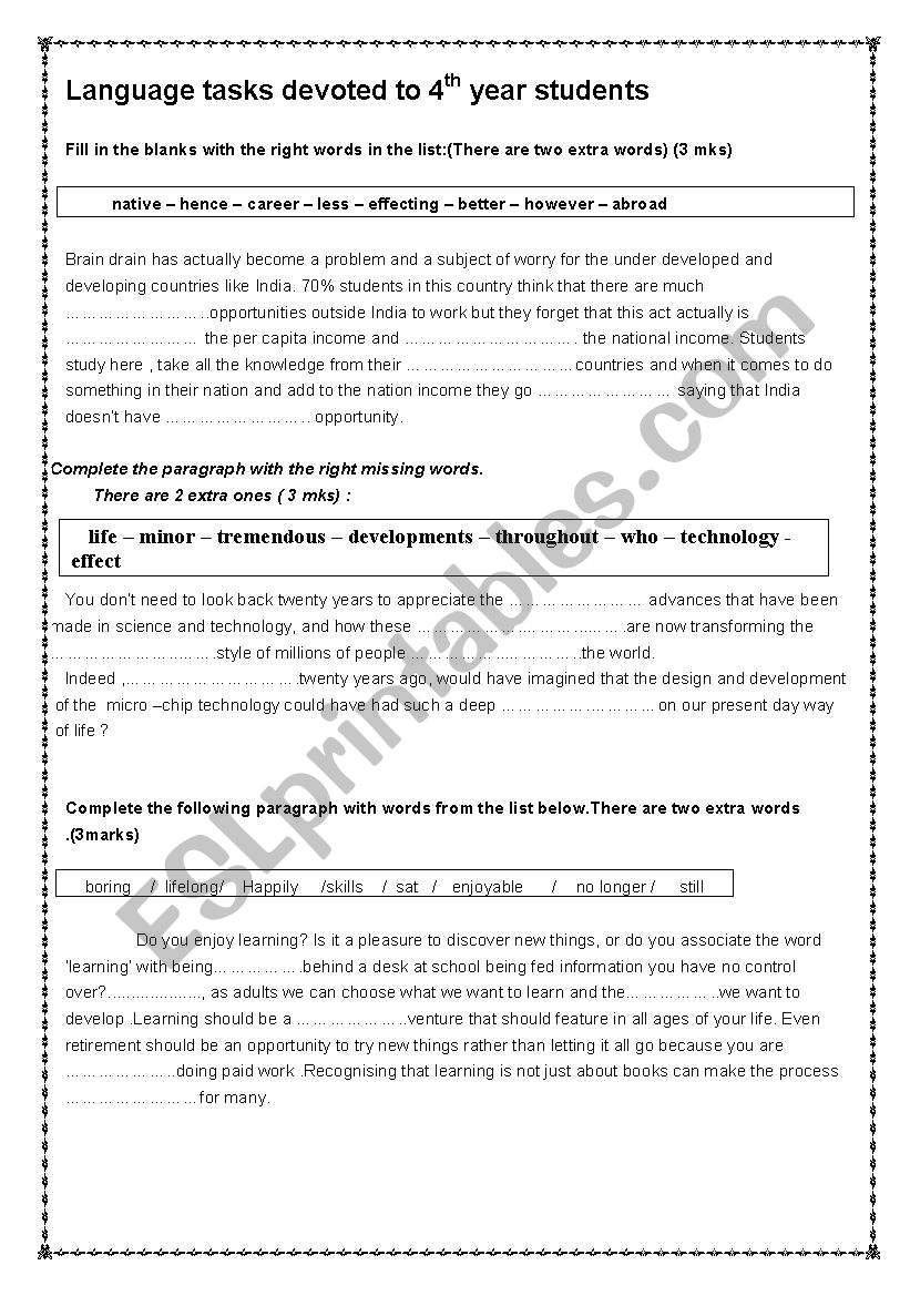 a series of language tasks devoted to 4th year students