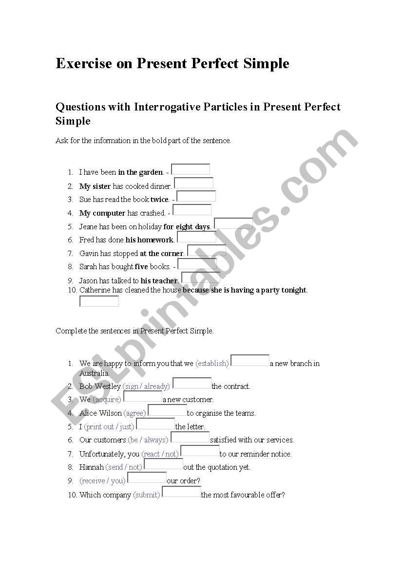 Present Pefect exercises worksheet
