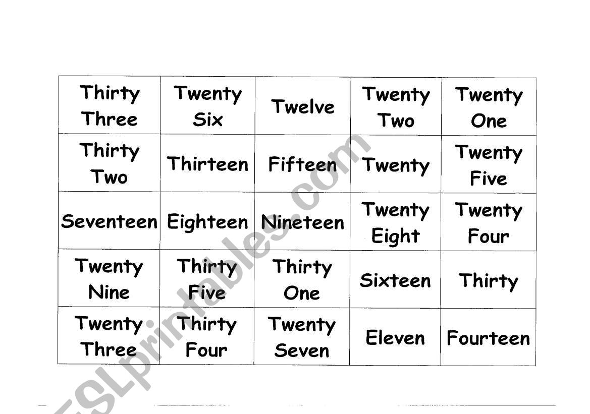 Number Bingo worksheet