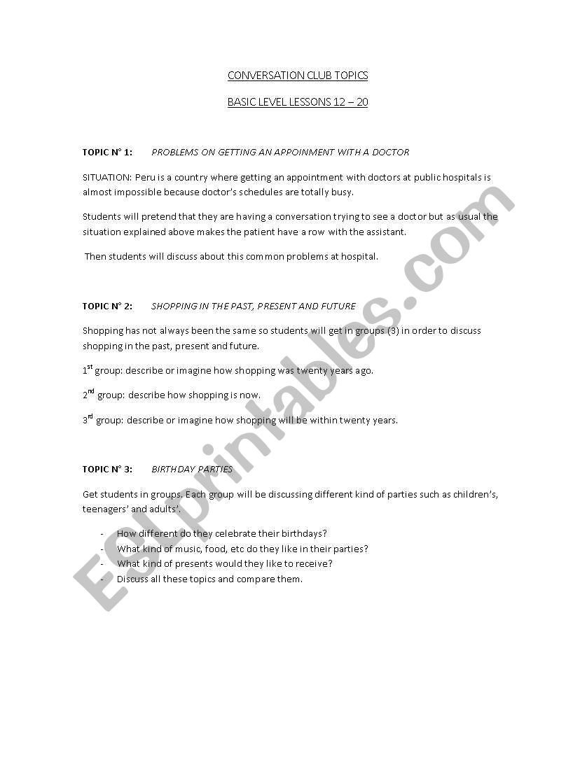topics for conversation club worksheet