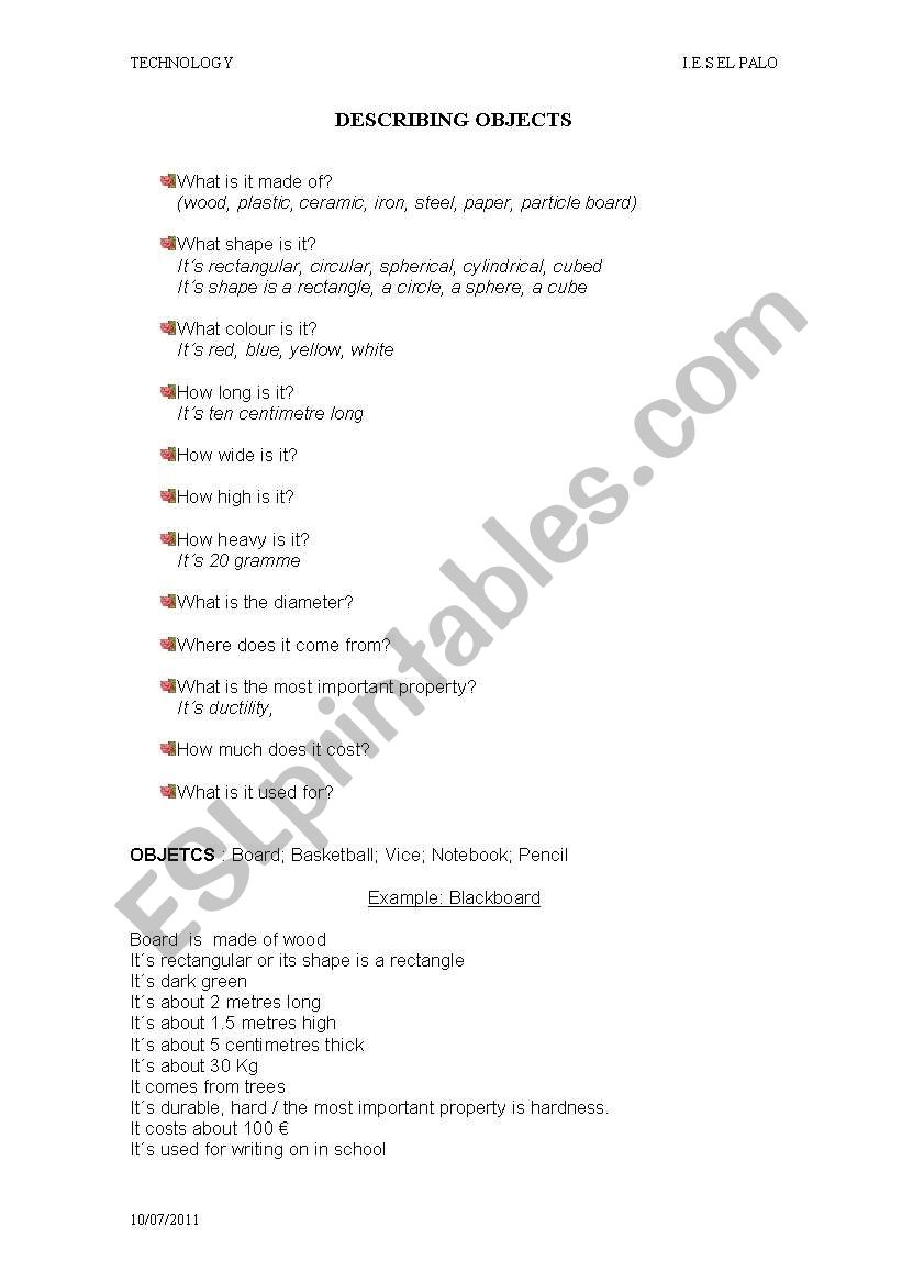 describing objects worksheet