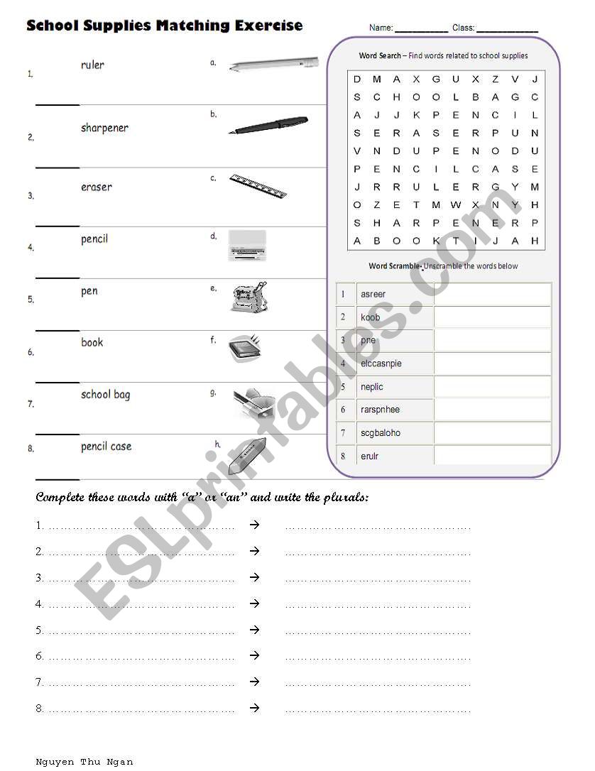 school supllies worksheet