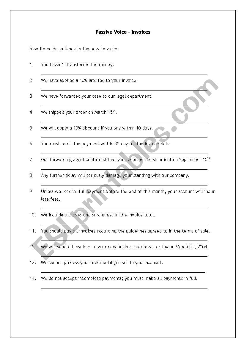 Passive Voice for Invoices worksheet
