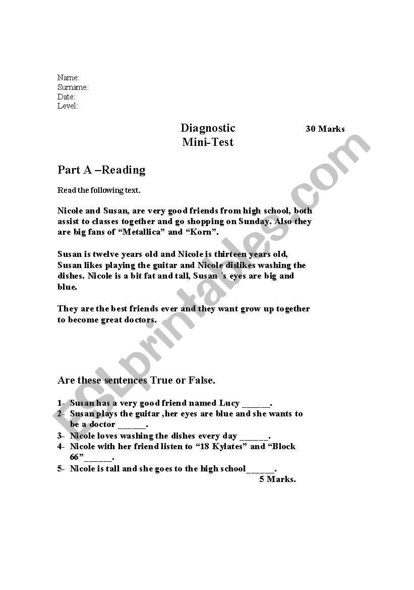 Diagnostic test worksheet