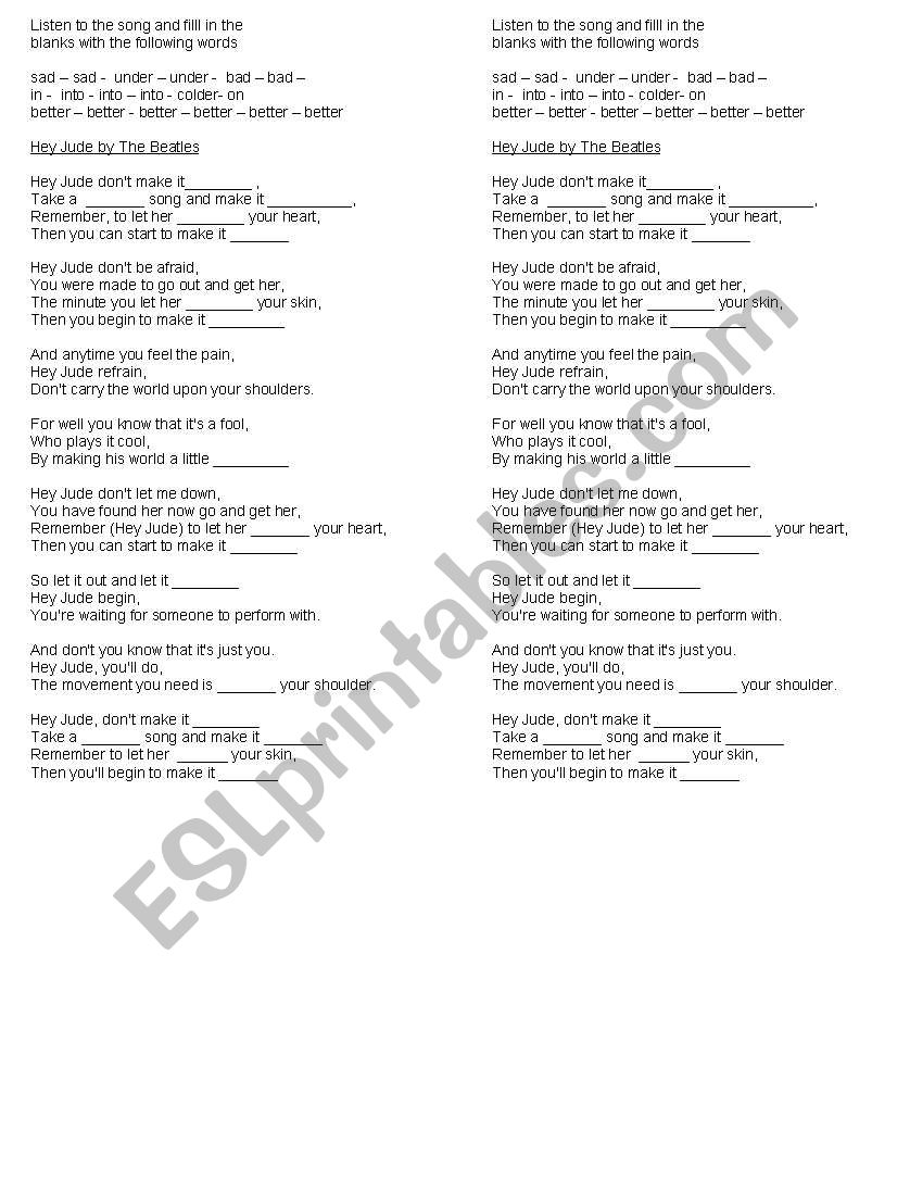 Hey Jude by the beatles worksheet