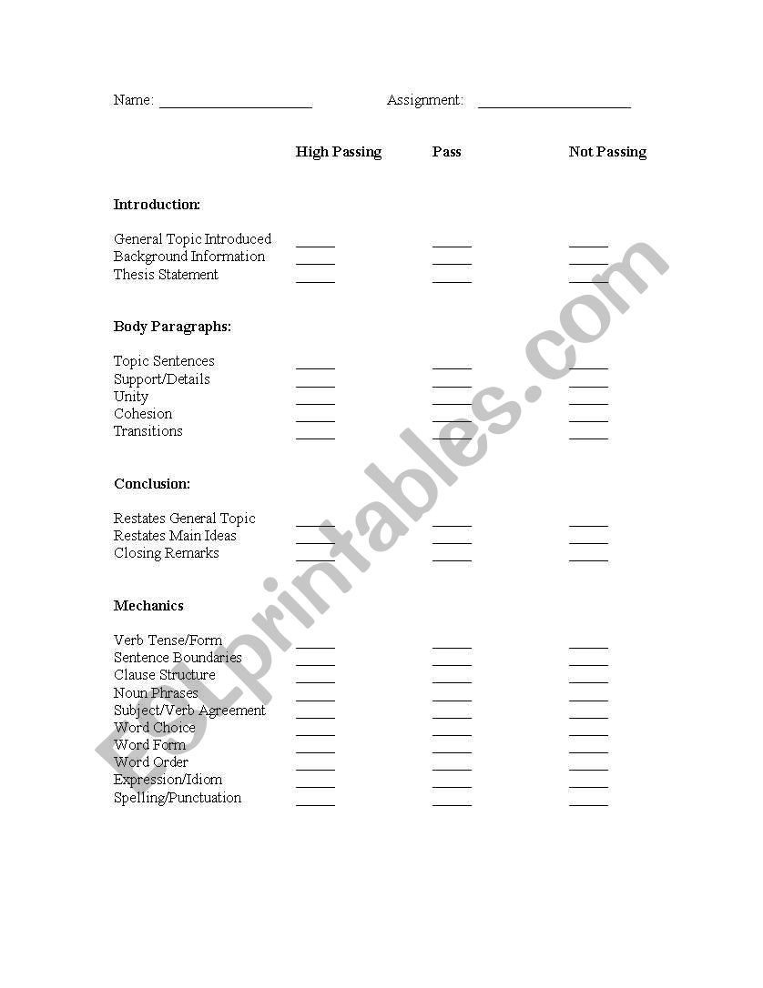 A Simple ESL Essay Rubric worksheet