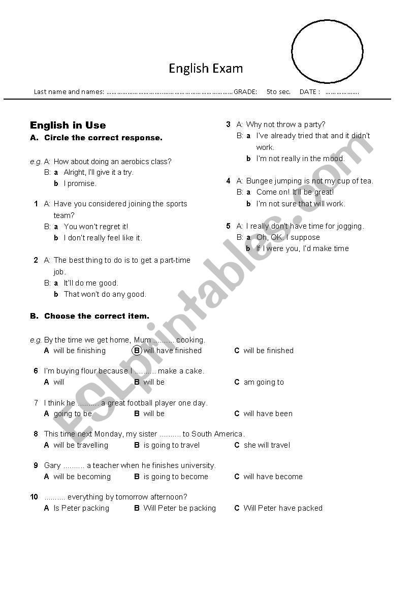 exam worksheet