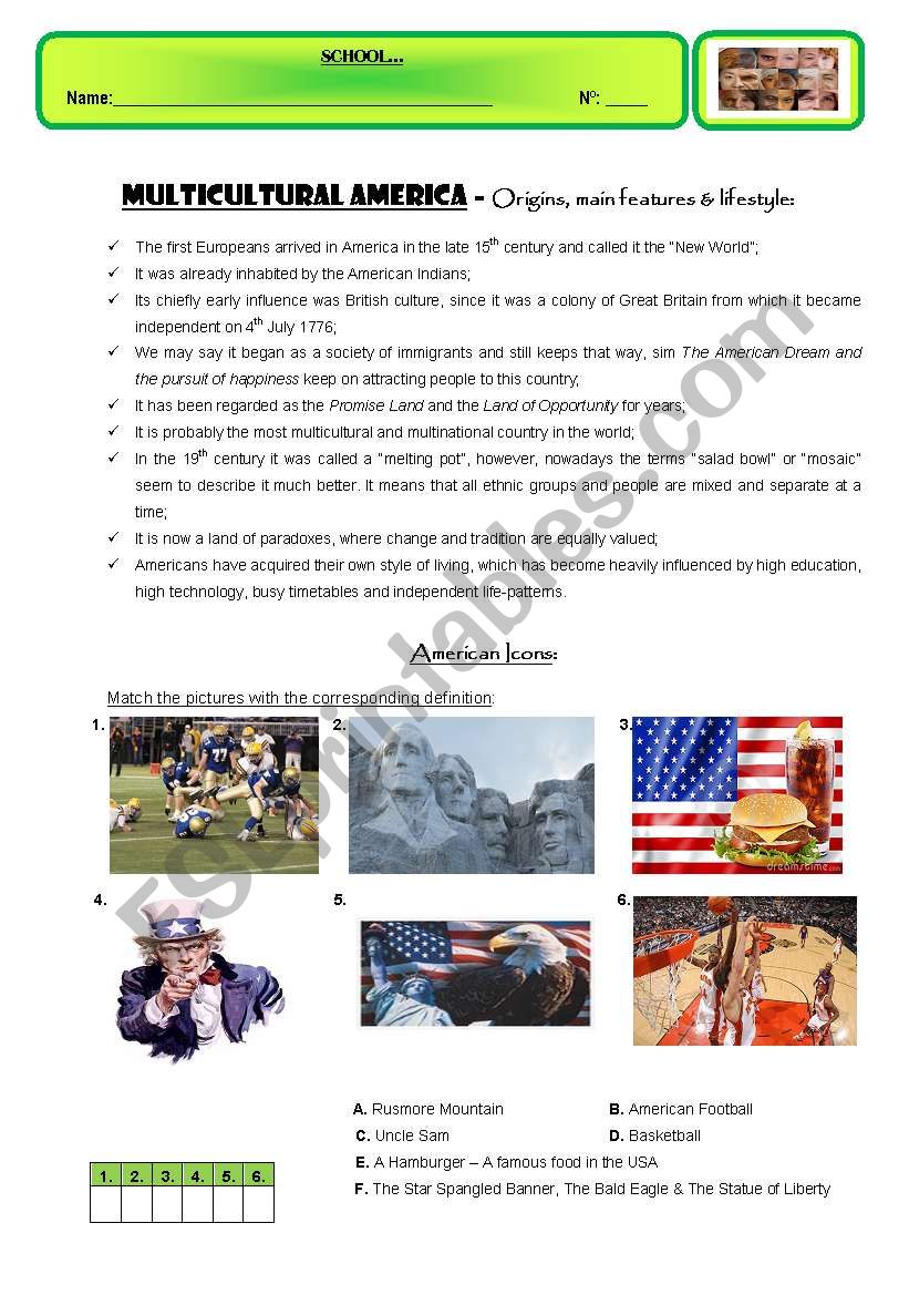 MULTICULTURAL AMERICA worksheet